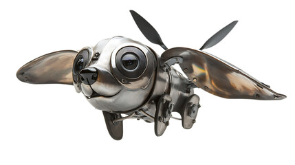 A dog drone with foldable titanium wings, camera eyes, and a wagging propeller tail. Floating mid-air, white background