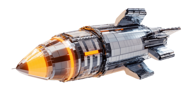 A retro rocket ship with pixelated flames and chrome fins, floating on white