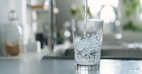 Clear Water Cascading into a Glass on a Clean White Surface, refreshing hydration