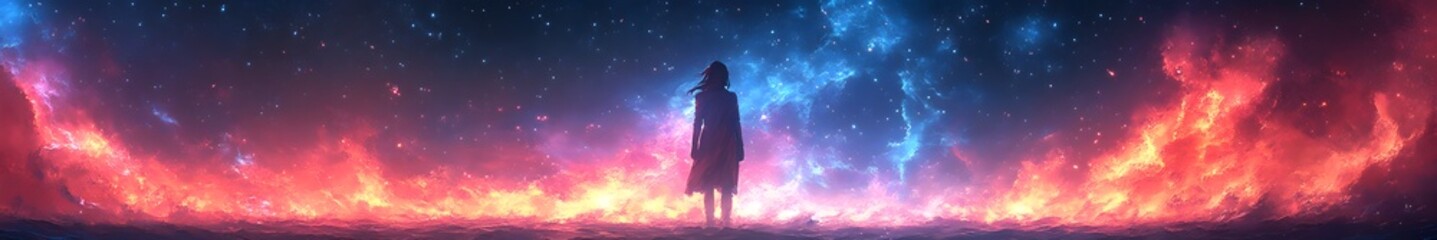 Eternal Silhouette: A solitary figure, set against an ethereal backdrop of fiery reds and cool blues, embodies the essence of solitude and introspection.