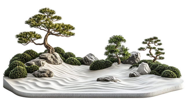 A serene Japanese Zen garden with raked sand and bonsai trees, stylized as a 2D illustration on white