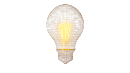 A wireframe lightbulb with a glowing yellow filament, floating on stark white
