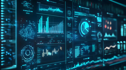 Data Visualization Display: A complex array of data displayed across various screens, with vibrant charts and graphs, showcasing intricate information in a tech-forward environment. 