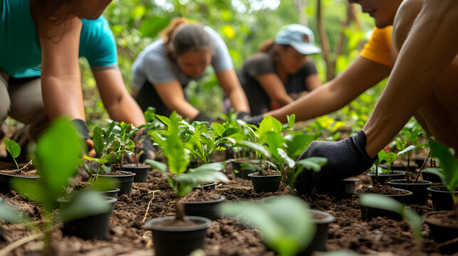 A hopeful image of a reforestation project in action, demonstrating community efforts to combat climate change.