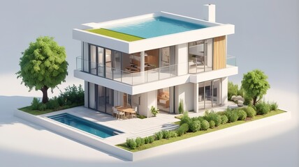 Fototapeta premium A small modern minimalist house isometric perspective,&nbsp;3D model miniature