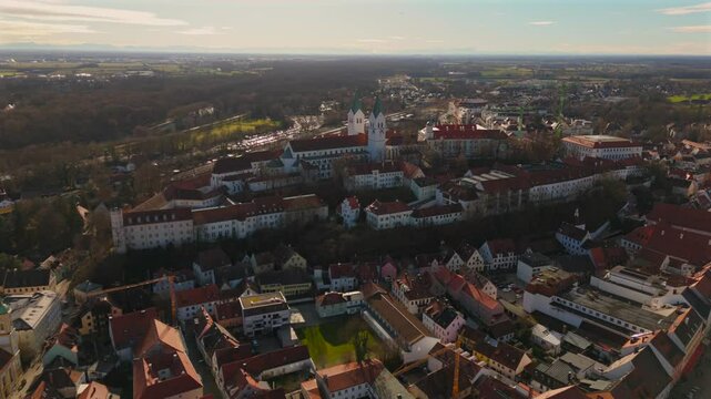Freisinger Dom Germany, Bavaria aerial view in winter in sunny weather without snow. Dom St. Maria und St. Korbinian in Freising Deutschland, Bayern Luftaufnahme im Winter bei sonnigem Wetter. 