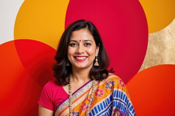 Portrait of a Smiling South Asian Woman in a Colorful Saree Against Vibrant Background, Exuding Joy and Cultural Heritage