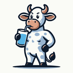 Cute cow drinking milk mascot in cartoon vector style