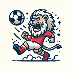 Fierce lion playing soccer in action vector mascot logo illustration