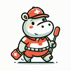Friendly hippo paramedic with a medical kit vector mascot illustration