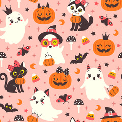 Vector seamless pattern of girly Halloween characters in cute cartoon style on pink background. Cute Halloween ghosts, pumpkins, black cat and dog pattern for packaging, wrapper paper, print