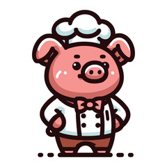 Cute pig chef wearing a hat and apron vector mascot logo illustration