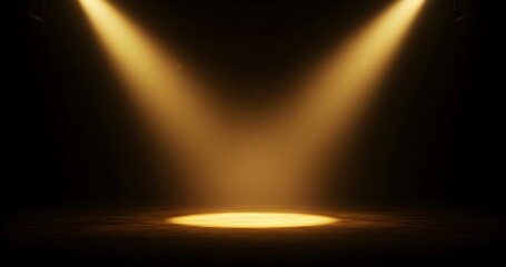 An empty theater stage with a double bright spotlight creating dramatic shadows and highlighting the performance area