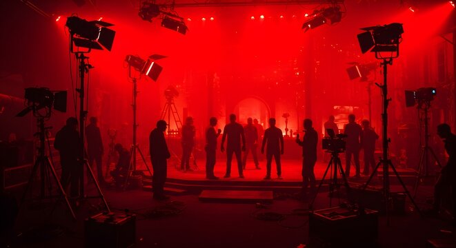 scary scene movie action Silhouette images of video production behind the scenes. making of TV commercial movie that film crew team lightman and a cameraman working together film director in studio