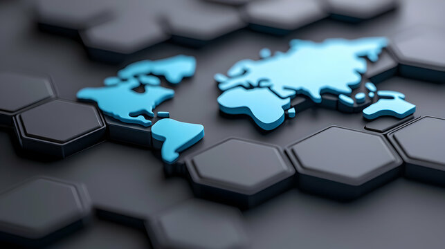 Global Network Map on Hexagon Grid: Blue World Map on Dark Hexagon Background - Powered by Adobe