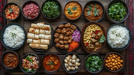 Fototapeta premium Delicious Indian Food Platter Diverse Dishes Spicy Curries Aromatic Rice Meatballs Flatbreads Variety of Flavors Authentic Cuisine