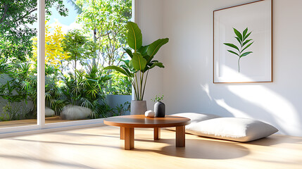 Relaxing living room with floor pillows and low table modern home interior design bright atmosphere minimalist aesthetic
