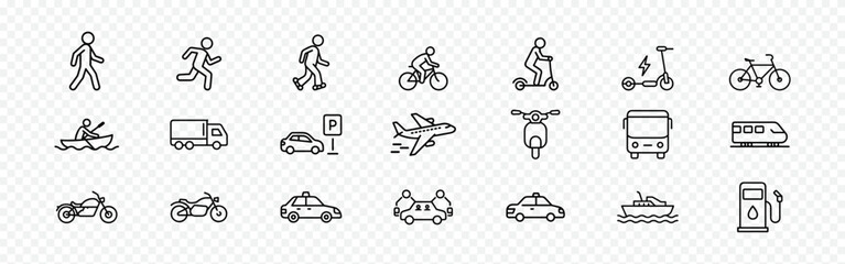 Transportation and Mobility Icons Set for Travel and Logistics, Transport Icon Set - Mobility, Vehicles, and Travel Vector Collection
