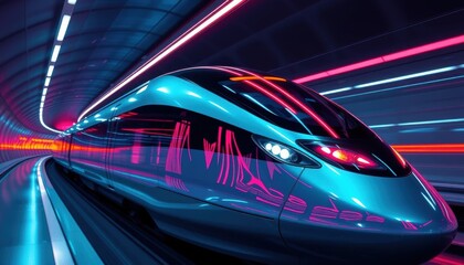 Futuristic High-Speed Train in Neon-Lit Tunnel