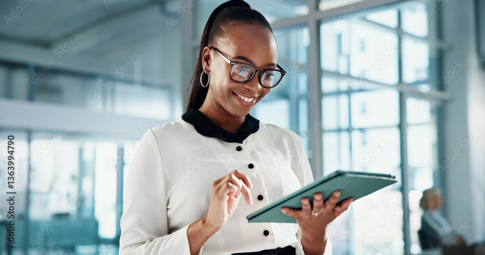 Poster online, smile and woman with tablet, browsing and happy for traffic on website and seo manager. offi