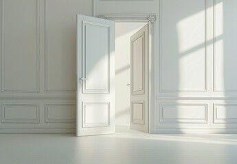 Ajar white door leading to a luminous and serene space symbolizing hope and new chapter