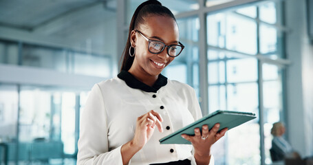 Online, smile and woman with tablet, browsing and happy for traffic on website and SEO manager. Office, digital marketing and person with app for keyword research, social media or analysis of trends