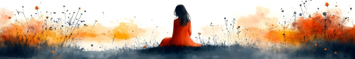 Fototapeta premium Solitude contemplation: A figure in a vibrant red dress, sits, surrounded by a soft, artistic mist that suggests an expansive outdoor setting.