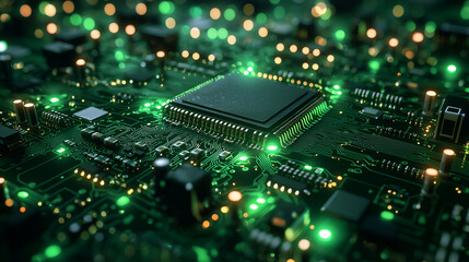 Fototapeta premium Futuristic Tech Background: Green Circuit Board with Microchips and Multicolor LED Lights