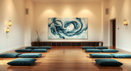 Minimalist Teal Meditation Room with Abstract Blue Art.