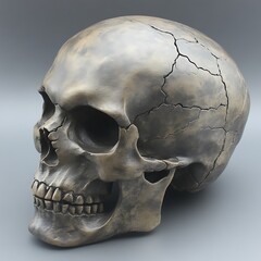 Obraz premium Bronze skull sculpture, studio shot, grey background, anatomical art