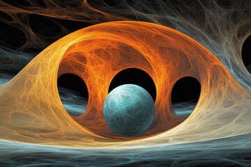 blue sphere in orange abstract textured matter, digital art design, time and space concept, 