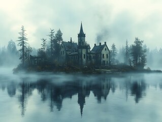 Obraz premium Mystical Lakeside Estate: A gothic-style building with a tall tower stands majestically on an island, surrounded by a misty lake. The scene evokes a sense of mystery and history. 