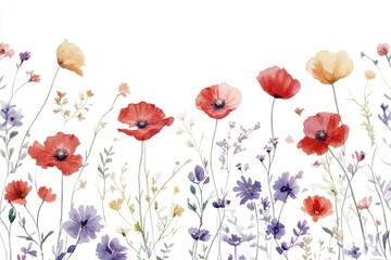 Watercolor painted field of vibrant wildflowers and delicate greenery