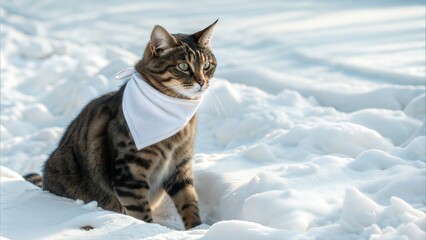 Fototapeta premium Close up of a cat sits on a snow field, he is wearing Blank white bandana mockup while facing camera 