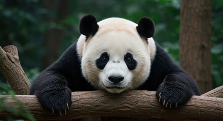 Obraz premium Giant Panda Resting on Branches in Lush Green Forest