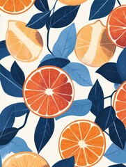 Vibrant orange and blue leaves with citrus fruit pattern for elegant designs like wedding invitations and Mediterranean-themed decor