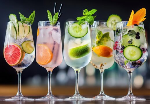 Refreshing and Colorful Cocktail Collection with Fresh Fruits and Herbs in Elegant Glasses Perfect for Summer Celebrations and Events