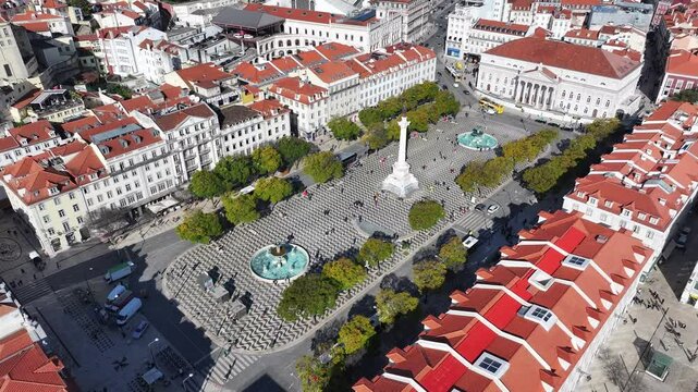 Dom Pedro Iv Square At Lisbon District Of Lisbon Portugal. Aerial View Of A City Park Surrounded By Busy Streets And Buildings. Construction Landscape Panoramic City View Stunning.