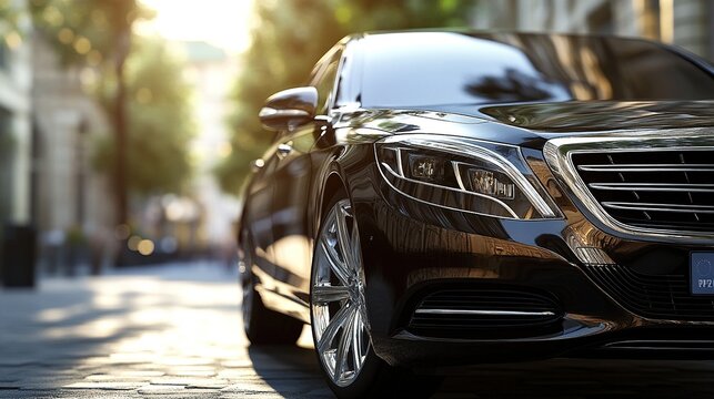 Luxury black sedan parked on city street.