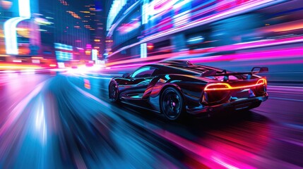 Sports car speeding through neon-lit city streets at night. Concept of speed, luxury, nightlife, and urban living.