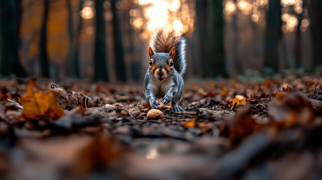  gray squirrel with a sleek coat and sharp eyes scurries through an autumn forest, gathering food for winter in the peaceful woodland.