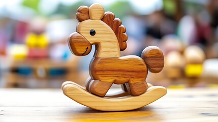 Wooden rocking horse toy on table.