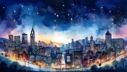 Obraz premium A watercolor painting depicts a city skyline at night, with a starry sky above and lights illuminating the buildings
