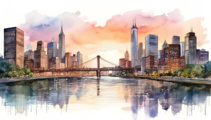 Obraz premium A watercolor painting of the New York City skyline at sunset, featuring bridges over a river and a vibrant, colorful sky