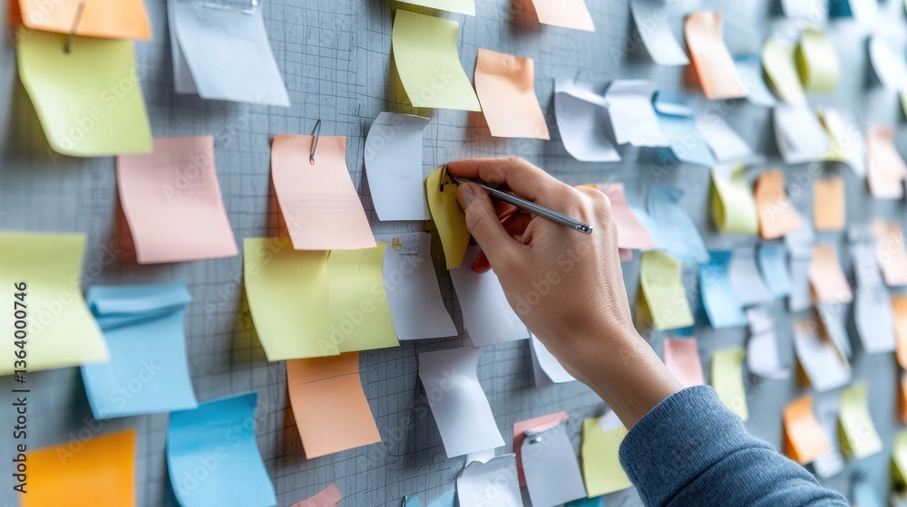 Poster a person is writing on a wall with colorful sticky notes