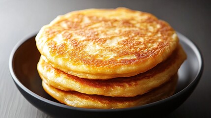 Three golden-brown pancakes stacked in a dark bowl.