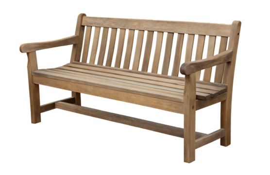 Rustic outdoor wooden bench PNG, cut out and isolated on white transparent background suitable for natural-themed projects or 3D models
