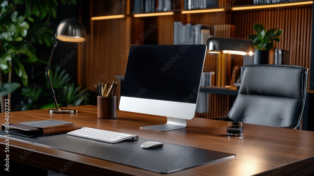 Poster A computer desk with a black chair and a computer monitor