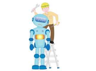 エンジニアが故障したロボットを修理している。
