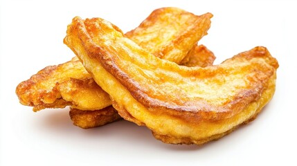 Golden-brown fried fruit slices on white background.